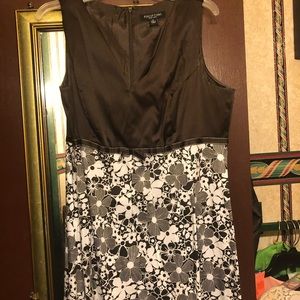 Perceptions dress. Brown sateen v neck with patterned skirt. Size 16